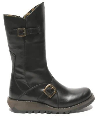Fly London Femmes Noir MES 2 Bottes Talon Wedge Boucle Mi-Mollet Cuir Zip - Photo 1/4