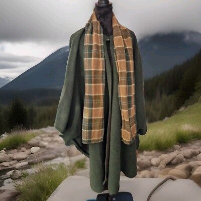 Vintage Irish Pure New Wool Cape Moss Green With Tan Checkered Scarf One Size