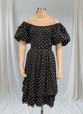 Vintage 70s Polka Dot Black White Puff Sleeve Fit Flare Rockabilly Midi Dress S