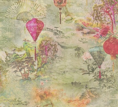 AS Creation Asian Fusion Lantern Beige Grün Rot Tapete 374661