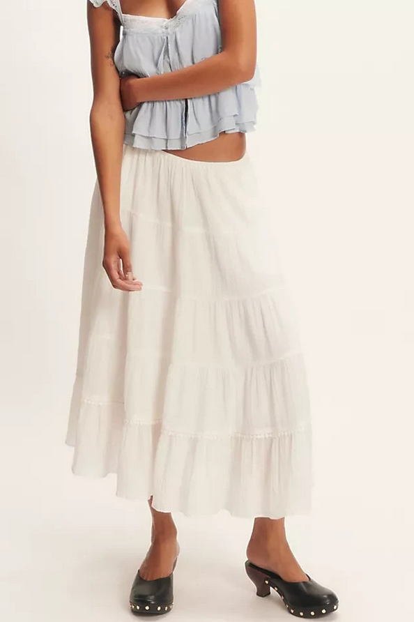 Free People Bright Side Midi Skirt High-rise Tiered Pullover Tofu Lace Large L