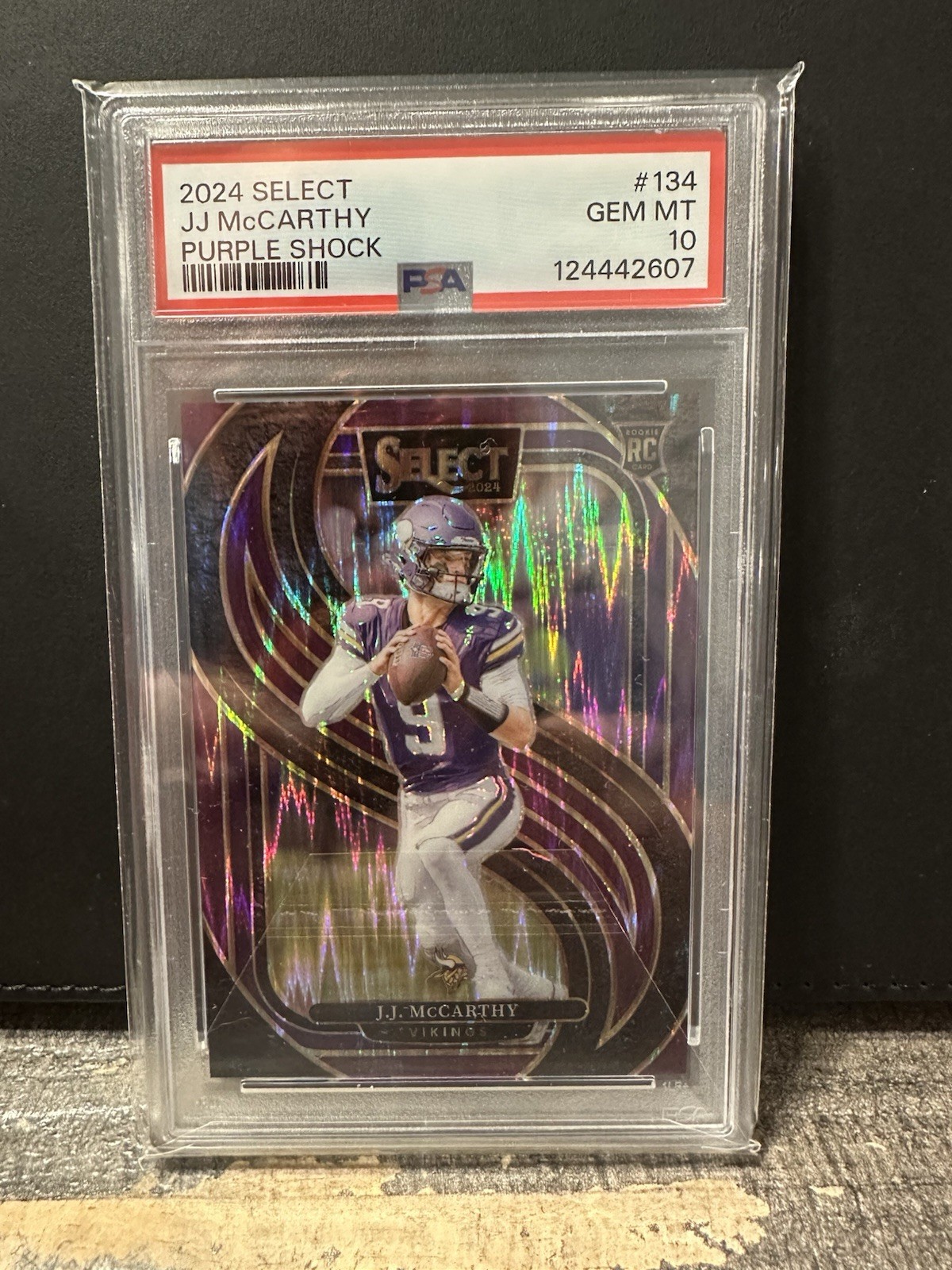 2024 Panini Select - J.J. McCarthy #134 Purple Shock Prizm /360 (RC) Vikings