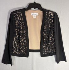 Jessica H Lace Bolero Shrug Jacket sz S Black Nude Lined Cropped 3/4 Sleeves