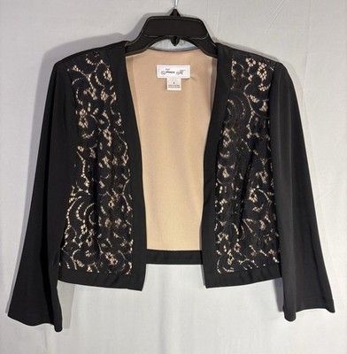 Jessica H Lace Bolero Shrug Jacket sz S Black Nude Lined Cropped 3/4 Sleeves