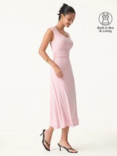 OGL Scoop Neck Side Ruched New Airy Bra Midi Dress