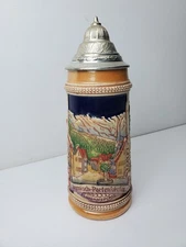 Vintage Gerz Ceramic Garmisch Bavaria Beer Stein 9" Tall w/ Pewter Lid Handle