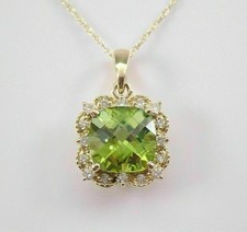 3Ct Cushion Cut Peridot Halo Beauty Pendant 14K Yellow Gold Finish