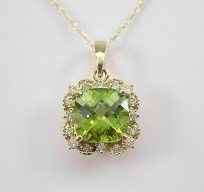 3Ct Cushion Cut Peridot Halo Beauty Pendant 14K Yellow Gold Finish