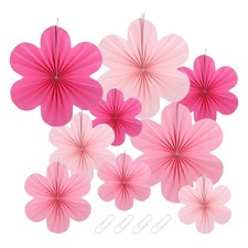 Party Hanging Paper Flowers Fans Garland Set, Rose Red/Pink/Light Pink