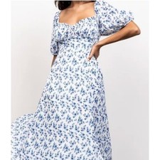 Baltic Born Midi Dress Medium White Blue Floral Excellent Smocked Puff Sleeve