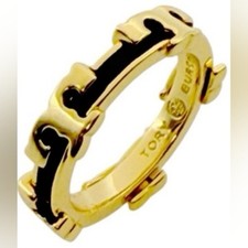 New Auth. TORY BURCH Serif T Logo Black Enamel Stackable Ring Size 6 with Tag