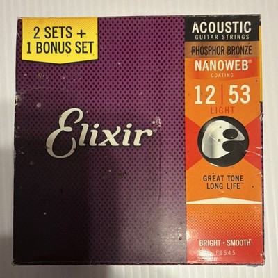 Elixir Phosphor Bronze Acoustic Guitar Strings Nanoweb 12-53 3 Pack 16545