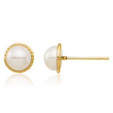 14K Solid Yellow Gold 5mm White Button Freshwater Cultured Pearl Stud Earrings
