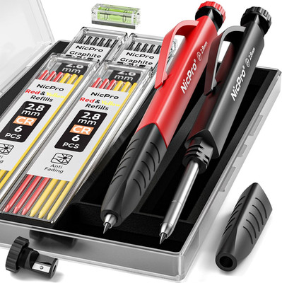 Nicpro 2 Pack Carpenter Pencil Set with Sharpener & Finger Grip, Mechanical Wood
