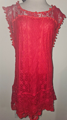 Women's Zanzea Collection Red Lace Sleeveless Shift Dress Size 16