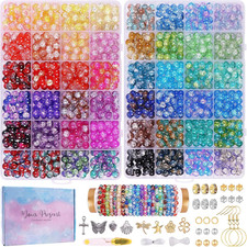 1800PCS 8mm Crackle Glass Beads Bracelet Making Kit, 48 Colors Glass Beads for J