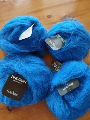 NEW 4 Balls Premium Pingouin Mohair Extra Ligne Noire Blue Knitting Yarn L@@K !