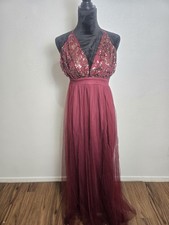Elegant Wine Red Prom Dress With Tulle Sequins Large