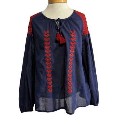 Spring Roberta Roller Rabbit stripe tunic embroidered tie neck tassel women's  S
