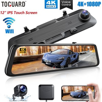 12'' 4K Mirror GPS WiFi Dash Cam Voice Control Rear View Car DVR Cam Touch Screen