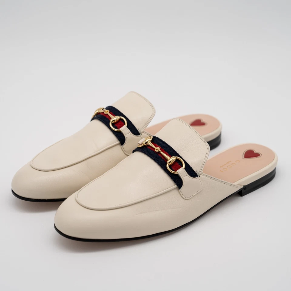 Zapatilla de cuero Gucci Princetown blanca azul marino mulas Horsebit talla 41.5G 11.5 EE. UU.