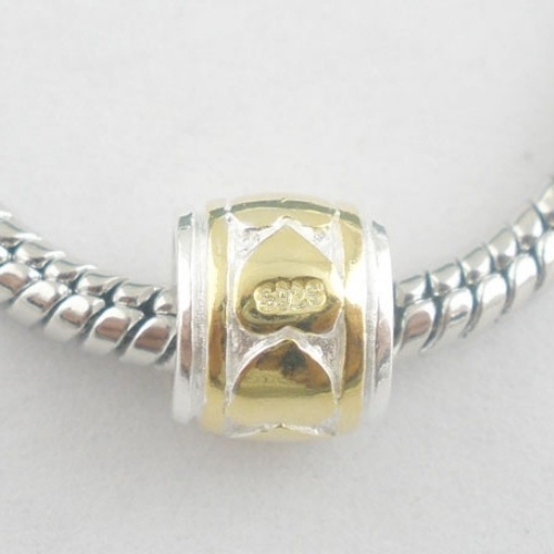 HEART LOVE Gold pl. spacer Solid 925 sterling silver European charm bead- 2 tone - Picture 2 of 4