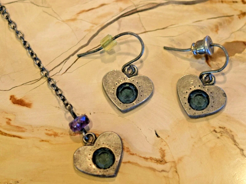 Pewter Hearts with Purple and Blue Bead Accents Y Necklace and Earrings Set - Image 3 of 4
