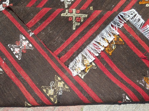 Turkish Kilim Wool Rug, Handmade Floor Carpet, Large Rug, Stripped Kelim70"x115" - Picture 15 of 15