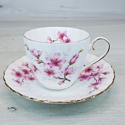 Vintage Royal Tuscan Almond Blossom Tea Cup & Saucer Pink Flowers w Gold England