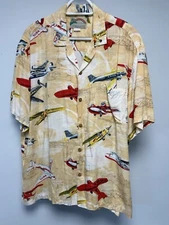 Vintage Paradise Found Shirt Mens Large Beige/Yellow Airplanes Force Hawaiian