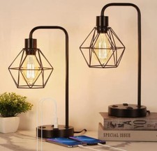 2x Industrial Desk Lamp Vintage Edison Bedside Table Lamp 2 USB Ports AC Outlet