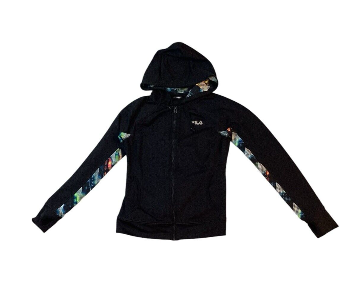Fila Felpa con Cappuccio Donna S Nera Neon Active Wear Full Zip Poliestere Fori Pollice