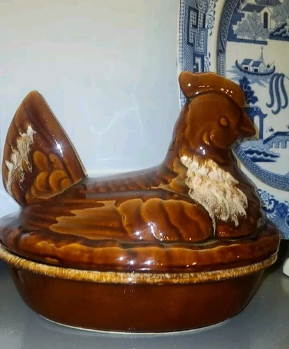 🐔Vintage 10" Hen On Nest Hull Pottery Oven Proof USA Brown Drip Large