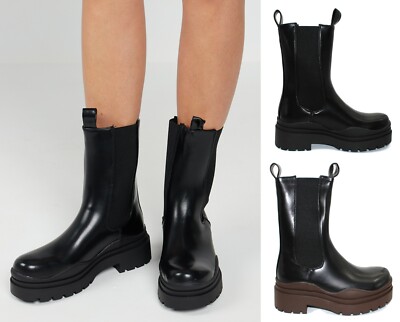Halbhohe Damen-Chelsea-Boots mit Reißverschluss klobige Plateau-Knöchelriemen neu
