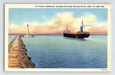 Postcard Ohio Huron OH Lighthouse Ore Boat Ship Lake Eria 1944 Posted Linen