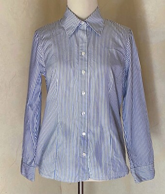 Talbots Petites Top 6 PM Fitted Blue Stripe Long Sleeve Blouse 100% Cotton 