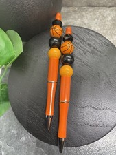 2 PC Handmade Wood Bead Rhinestone Black Ink Pen Set Basketball Sports B3440