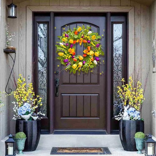 Spring Wreath 24 Inch Spring Wreaths for Front Door with Colorful Tulip Daisy - 第 2/6 張圖片