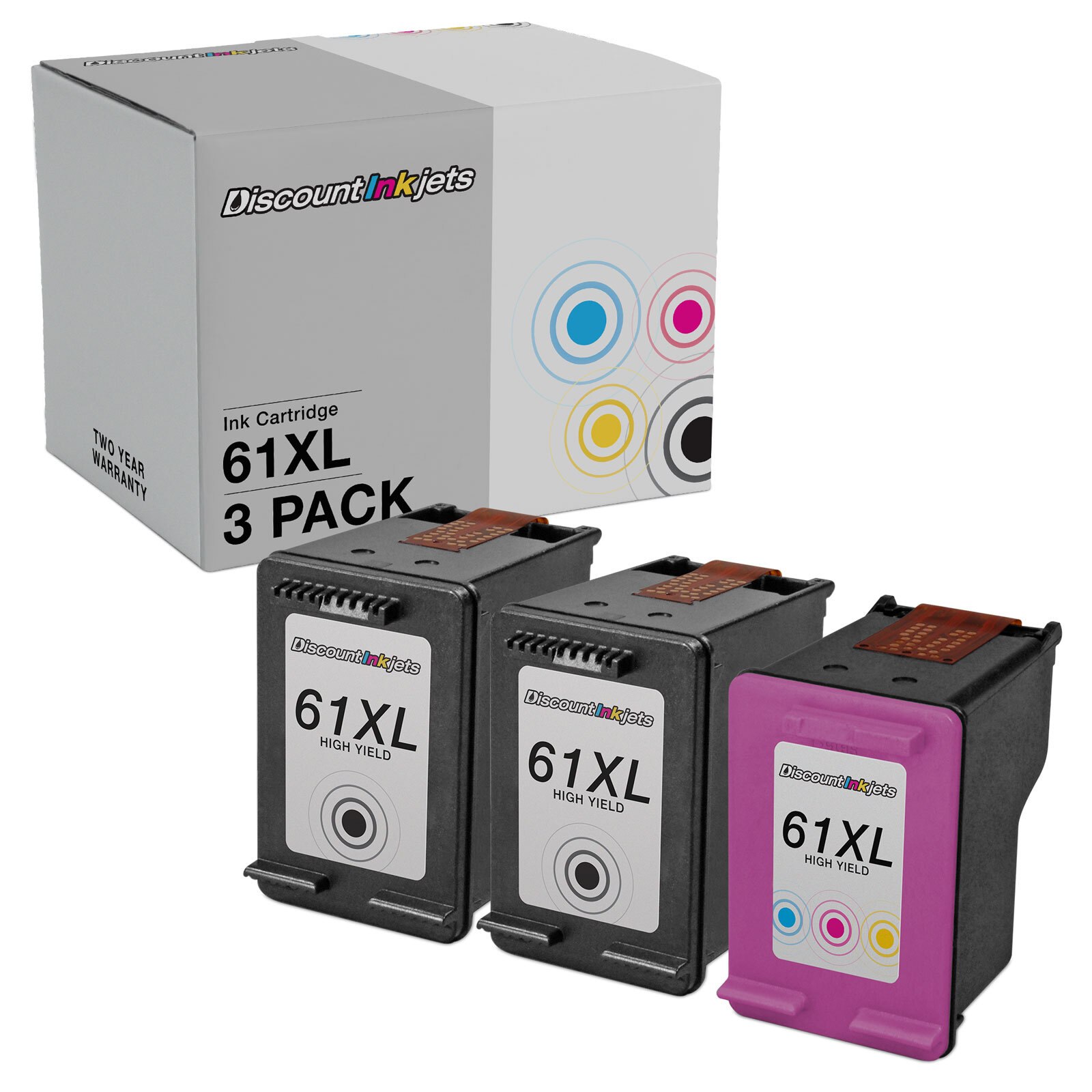 Ink Cartridge Replacements for HP 61XL High Yield (2 Black, 1 Color, 3-Pack)