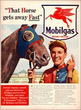 1940 vintage AD for MOBILGAS , nice art Jockey and Racehorse  061720