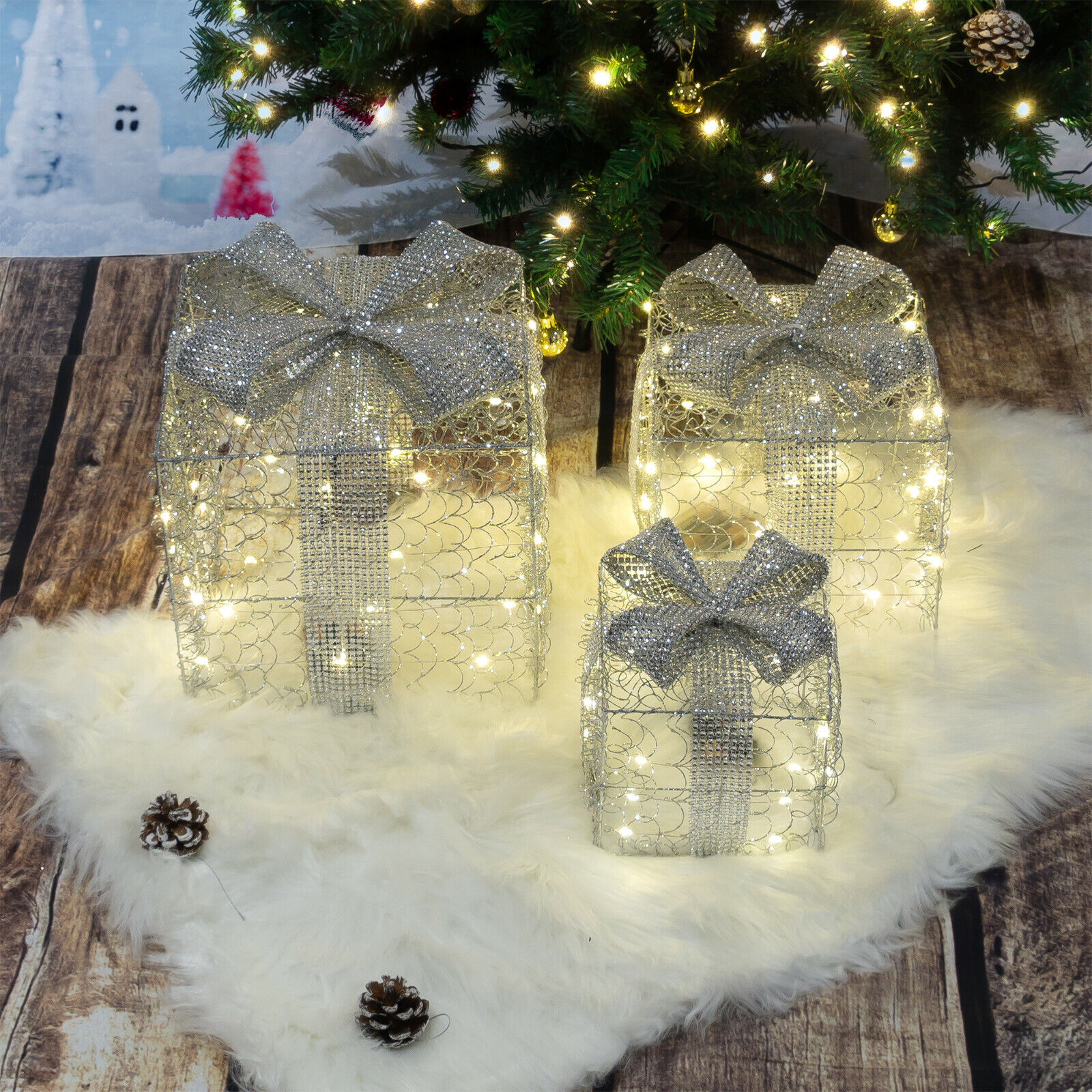 Light Up Gift Boxes Presents Set of 3 Christmas Glitter LED Indoor ...