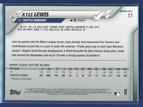 KYLE LEWIS 2020 Topps Opening Day #17 RC Rookie (Seattle Mariners) - Picture 2 of 2