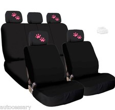 For VW New 4X Pink Paws Logo Headrest And Black Fabric Seat Covers 