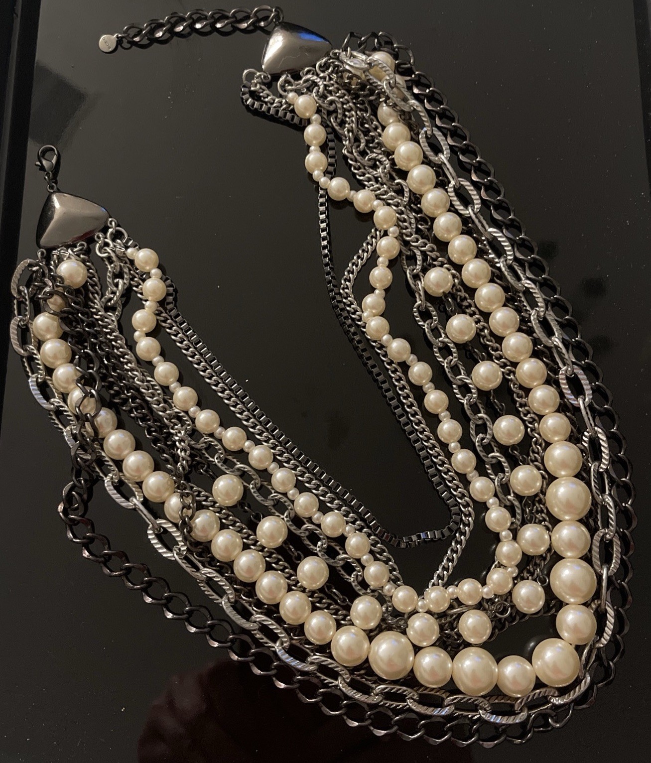Layered Statement Multi-Strand Necklace Silver Wh… - image 1