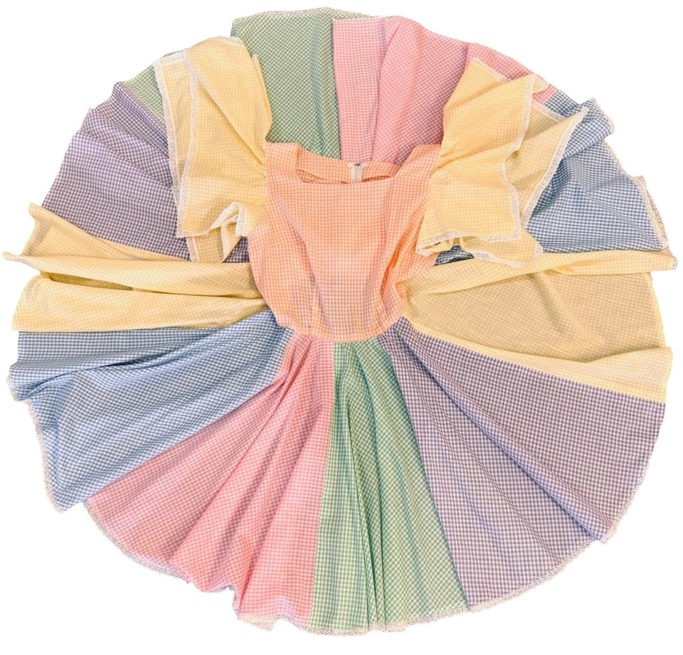 Vestido Vintage Años 70 Colorido Cuadrado Baile Círculo Completo Rockabilly Manga Ángel M Foto 2 de 4