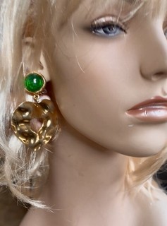 ORECCHINI CHANEL Cuore Verde Gripoix Vetro Placcato Oro Vintage anni 80 AUTENTICI
