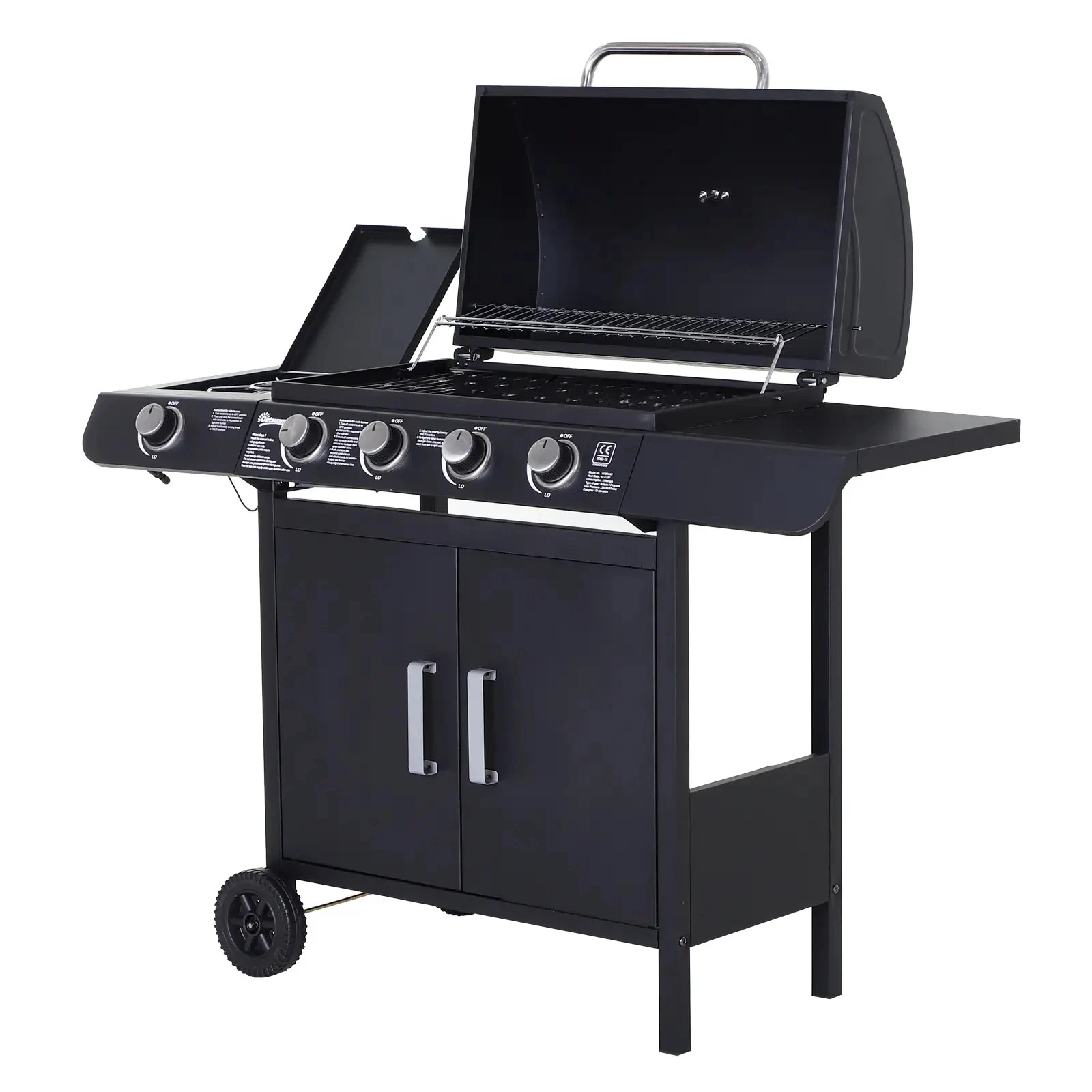4+1 Burner Gas BBQ Grill, Outdoor Barbecue Trolley with Wheels, Warming