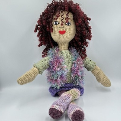 Handmade Knitted Girl Doll 25  Plush Stuffy Toy Frizzy Curly Hair Purple Skirt