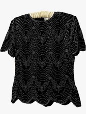 True Vintage Papell Boutique Top S Black Beaded Cruise Evening Blouse Scalloped