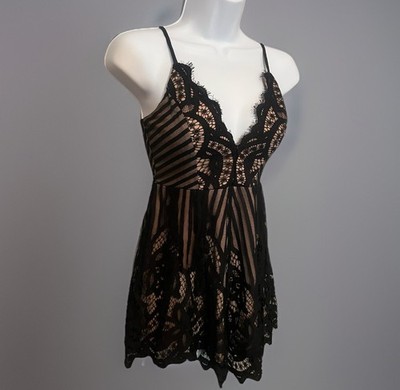 Rumor Boutique Teddy Black Lace Over Flesh Liner Women s Size Small  